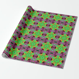 Cartoon Mandala Flower Green Oranje en Paars Cadeaupapier