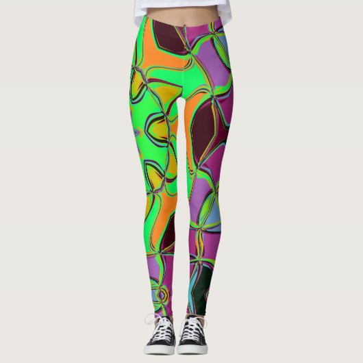 Cartoon Mandala Flower Green Oranje en Paars Leggings (Voorkant)
