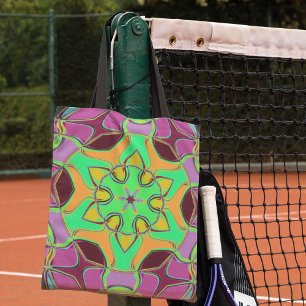 Cartoon Mandala Flower Green Oranje en Paars Tote Bag