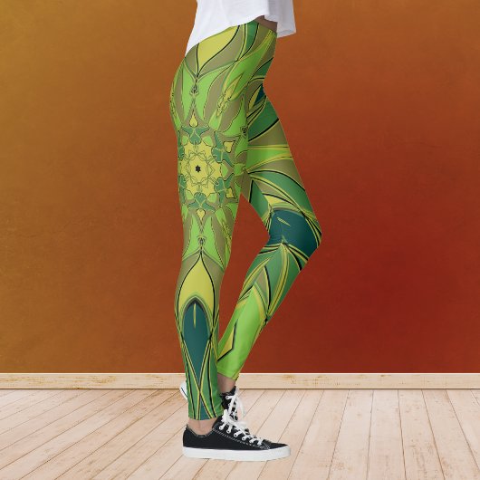 Cartoon Mandala Flower Green Yellow and Blue Leggings