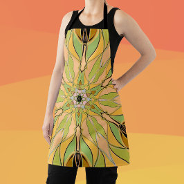 Cartoon Mandala Flower Green Yellow en Oranje Schort