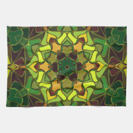 Cartoon Mandala Flower Green Yellow en Oranje Theedoek
