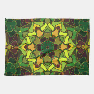 Cartoon Mandala Flower Green Yellow en Oranje Theedoek