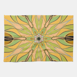 Cartoon Mandala Flower Green Yellow en Oranje Theedoek