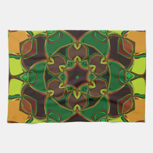 Cartoon Mandala Flower Green Yellow en Oranje Theedoek