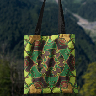 Cartoon Mandala Flower Green Yellow en Oranje Tote Bag