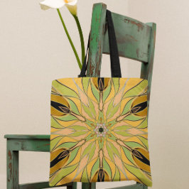 Cartoon Mandala Flower Green Yellow en Oranje Tote Bag
