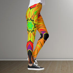 Cartoon Mandala Flower Oranje Green en Red Leggings