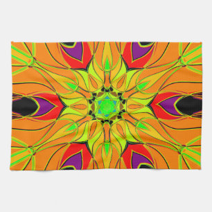 Cartoon Mandala Flower Oranje Green en Red Theedoek