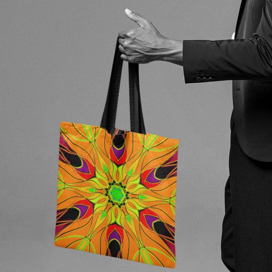 Cartoon Mandala Flower Oranje Green en Red Tote Bag