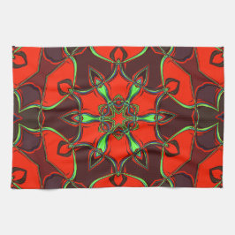 Cartoon Mandala Flower Red en Blauwgroen Theedoek