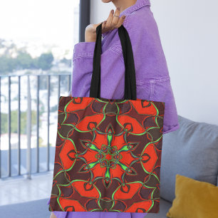 Cartoon Mandala Flower Red en Blauwgroen Tote Bag