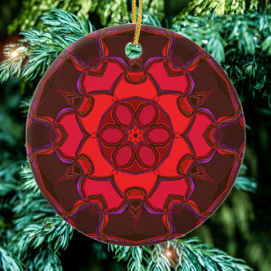 Cartoon Mandala Flower Red Pink en Paars Keramisch Ornament