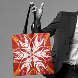 Cartoon Mandala Flower Red Sinaasappel and White Tote Bag