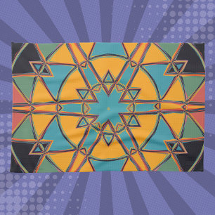 Cartoon Mandala Geel Blauw en Sinaasappel Theedoek