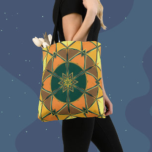 Cartoon Mandala Geel Sinaasappel en Groen Tote Bag