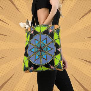 Cartoon Mandala Groen Blauw en Sinaasappel Tote Bag