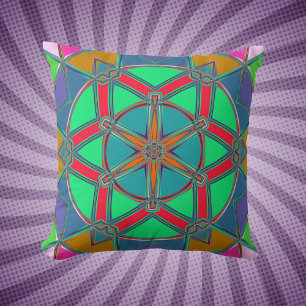 Cartoon Mandala Groen Rood en Blauw Kussen