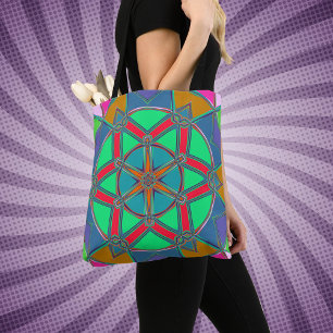 Cartoon Mandala Groen Rood en Blauw Tote Bag