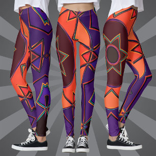 Cartoon Mandala Paarse en Sinaasappel Leggings