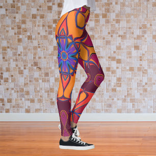 Cartoon Mandala Vloeiend Oranje Paars en blauw Leggings