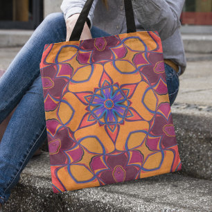 Cartoon Mandala Vloeiend Oranje Paars en blauw Tote Bag