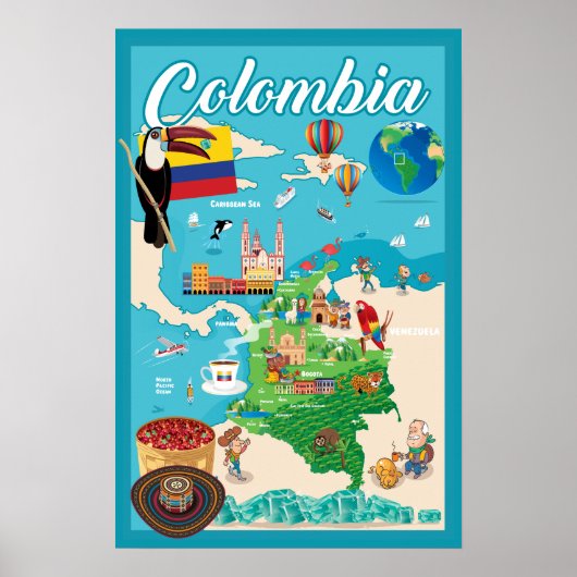 Cartoon Map of Colombia Poster (Voorkant)