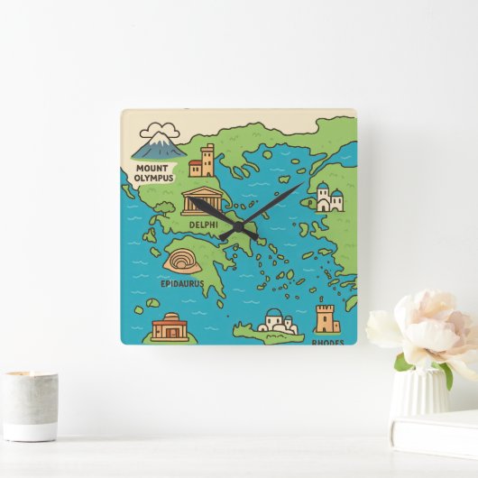 Cartoon Map of Greece – Illustrated Landmarks Vierkante Klok (Huis)