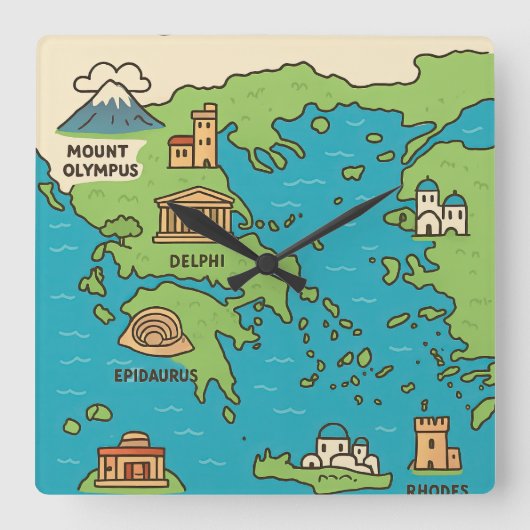 Cartoon Map of Greece – Illustrated Landmarks  Vierkante Klok (Voorkant)
