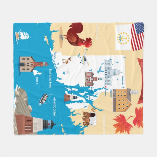 Cartoon Map of Rhode Island Fleece Deken (Voorkant (Horizontaal))