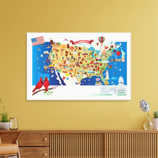 Cartoon Map of USA Canvas Afdruk (Insitu (Woonkamer))