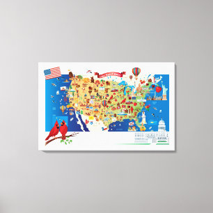 Cartoon Map of USA Canvas Afdruk
