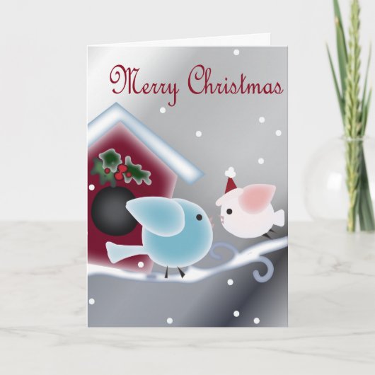Cartoon maretak Liefdesvogels Onze Eerste Kerstmis Feestdagen Kaart (Voorkant)