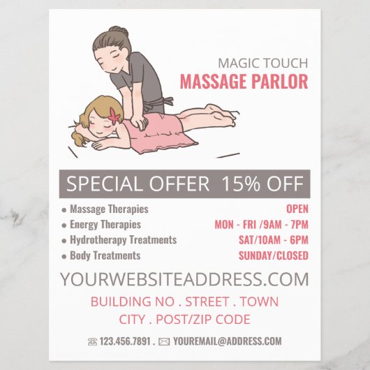 Cartoon Massage, massagetherapie, massageparlor Flyer (Voorkant)