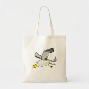 Cartoon meeuw die over het hoofd vliegt tote bag