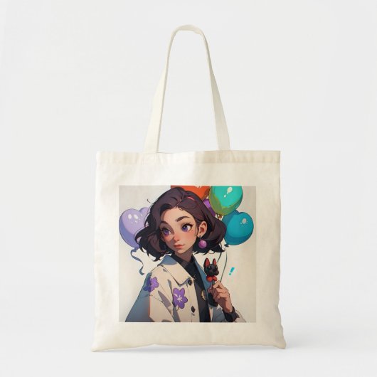 Cartoon Meisje Holding Pet en ballonnen Tote Bag (Voorkant)