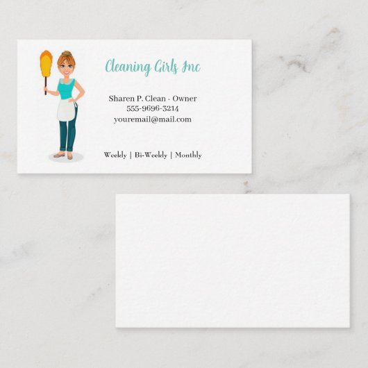Cartoon Meisje Huis Schoonmaak Service Visitekaart Visitekaartje (Voorkant / Achterkant)