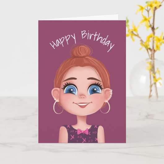 Cartoon meisje met grote ogen kaart (Gele Bloem)