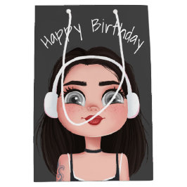Cartoon-meisje met hoofdtelefoon medium cadeauzakje