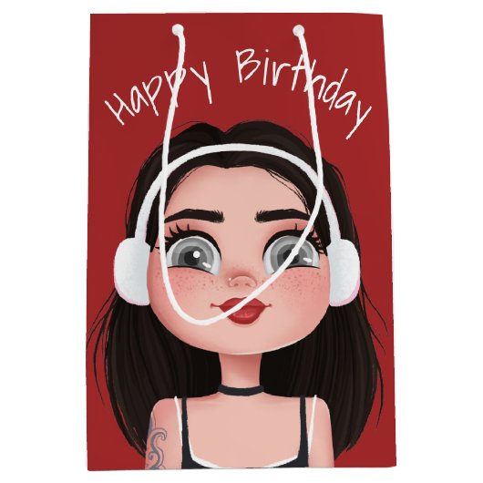 Cartoon-meisje met hoofdtelefoon medium cadeauzakje (Voorkant)