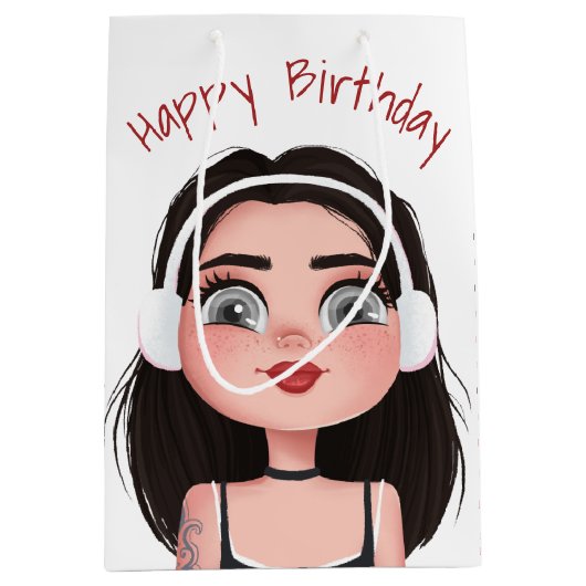Cartoon-meisje met hoofdtelefoon medium cadeauzakje (Voorkant)