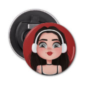 Cartoon meisje met hoofdtelefoon op rood button flesopener (Voorkant)