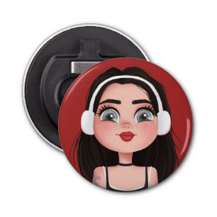 Cartoon meisje met hoofdtelefoon op rood button flesopener