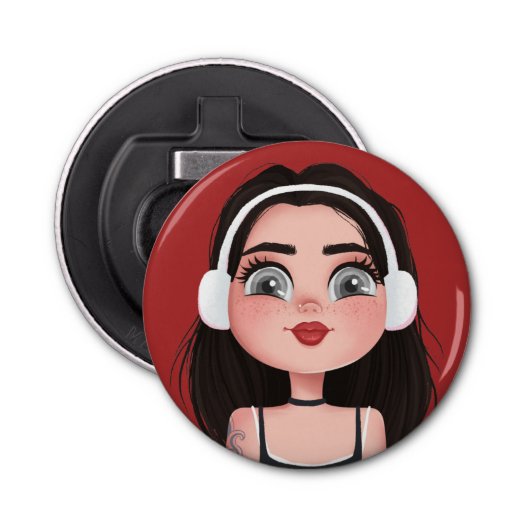 Cartoon meisje met hoofdtelefoon op rood button flesopener (Voorkant)