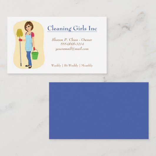 Cartoon Meisje met Mop House schoonmaakservice Visitekaartje (Voorkant / Achterkant)