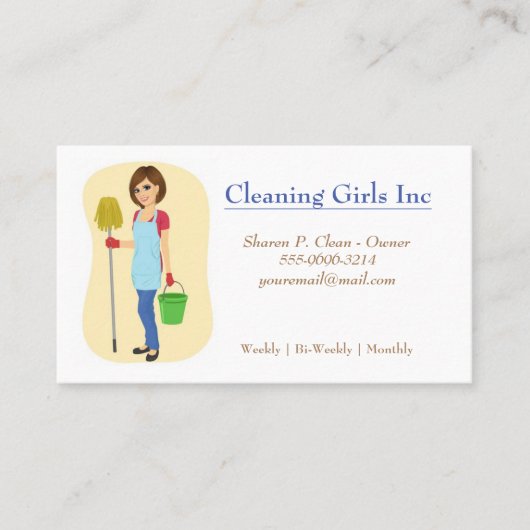 Cartoon Meisje met Mop House schoonmaakservice Visitekaartje (Voorkant)