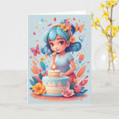 Cartoon meisje met verjaardagstaart | Kaart (Gele Bloem)