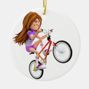 Cartoon Meisje op bijrol A Wheelie Keramisch Ornament