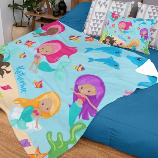 Cartoon Mermaid Little Girl onder het Zee Fleece Deken