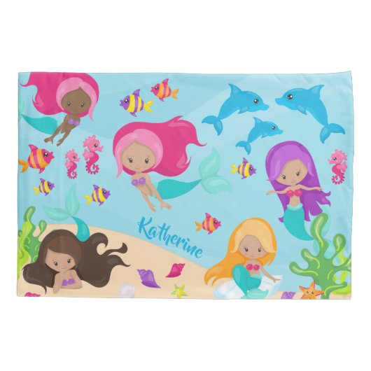 Cartoon Mermaid Little Girl onder het Zee Kussensloop (Achterkant)